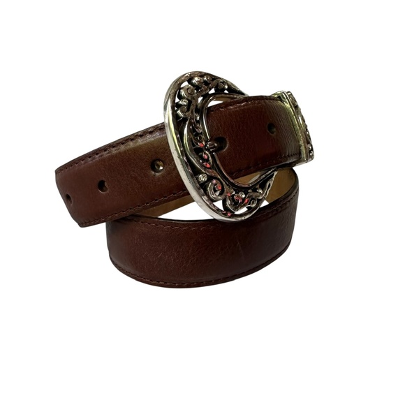 Genuine Vintage BRIGHTON Brown Leather With Etched Metal Concho Belt Size 32 main image 7